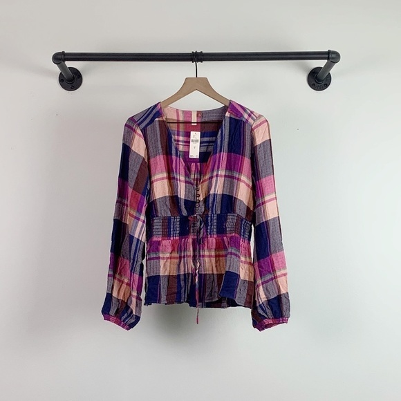 NWT Anthropologie Plaid Deep V-Neck Gauzy Cotton Blouse - Picture 4 of 7